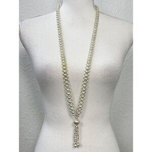 VTG 36" White Costume Fashion Jewelry Long Tassel Pearl Pendant NECKLACE EUC
